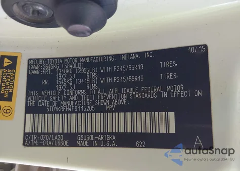 2015 Toyota Highlander Limited V6 z USA, uszkodzony, nr VIN 5TDYKRFH4FS115205